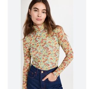 GANNI Retro Floral Mesh Turtleneck Long Sleeve Orange Blue Size 34/ S